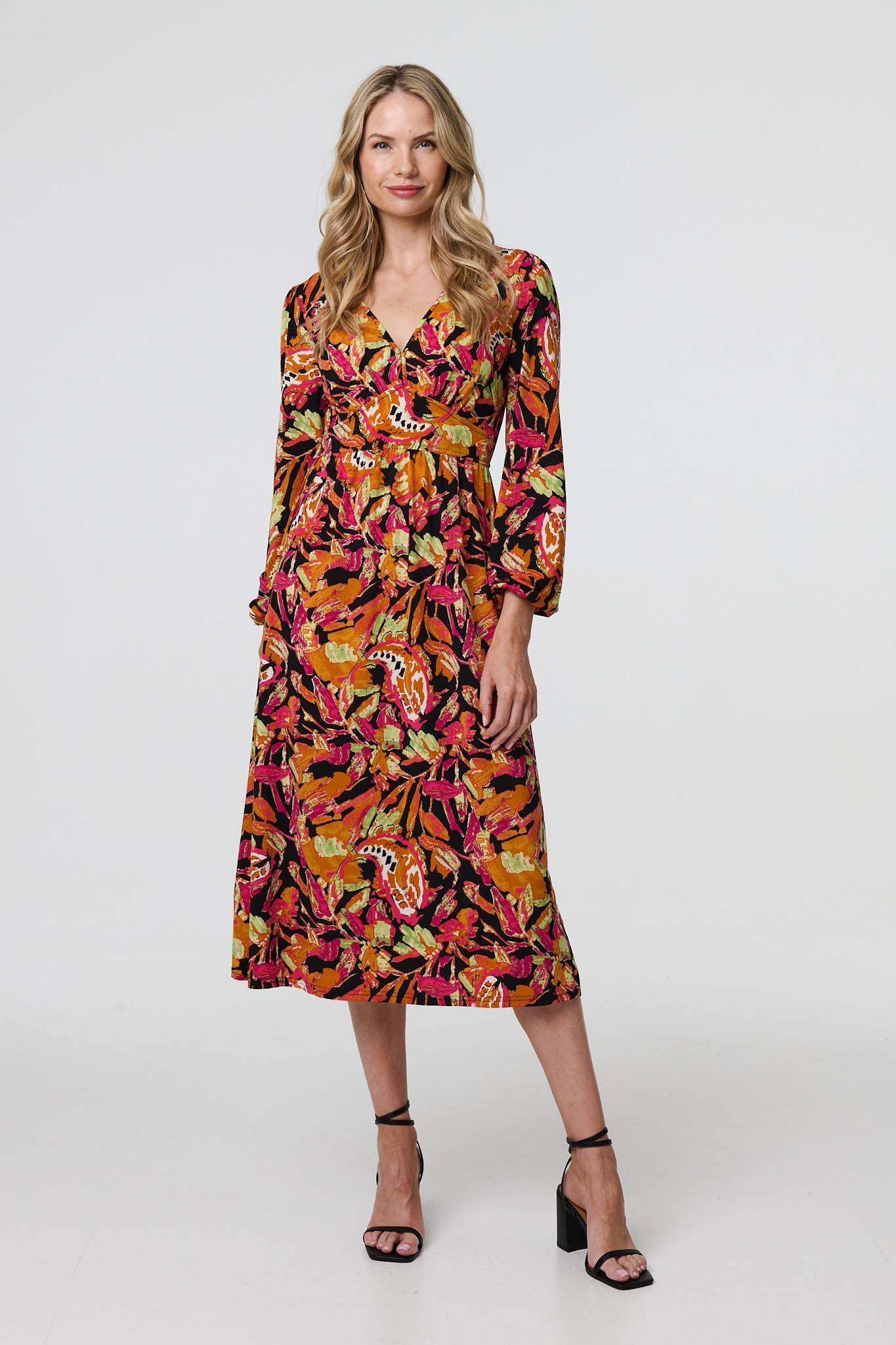 Tropical Floral Print Long Sleeve Midi Dress Front View