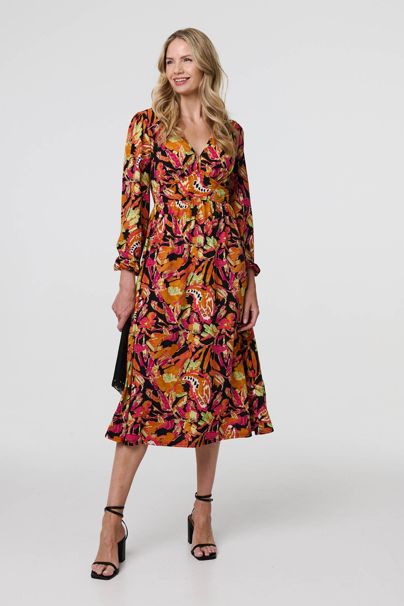 Tropical Floral Print Long Sleeve Midi Dress Styled View