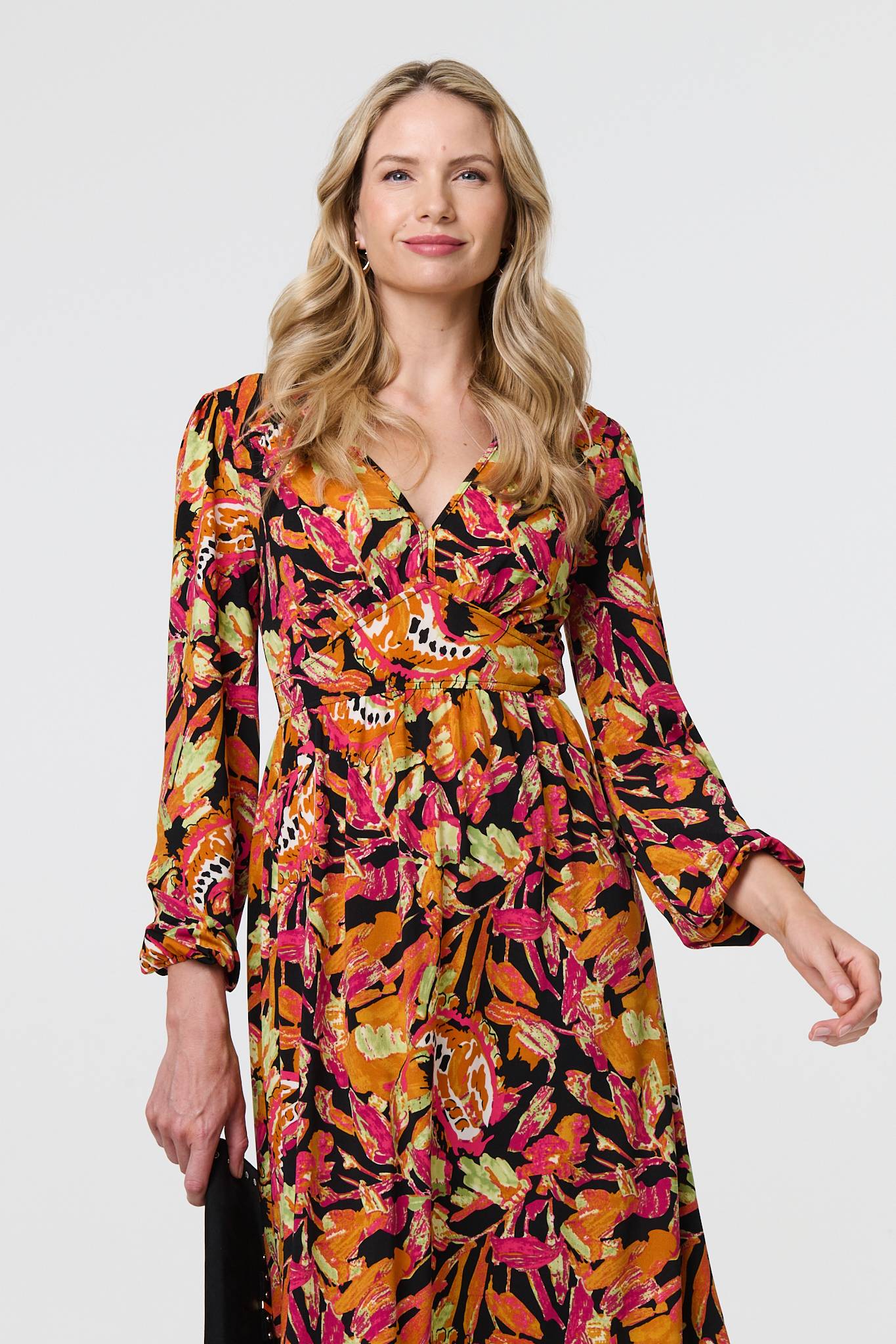 Tropical Floral Print Long Sleeve Midi Dress Back View