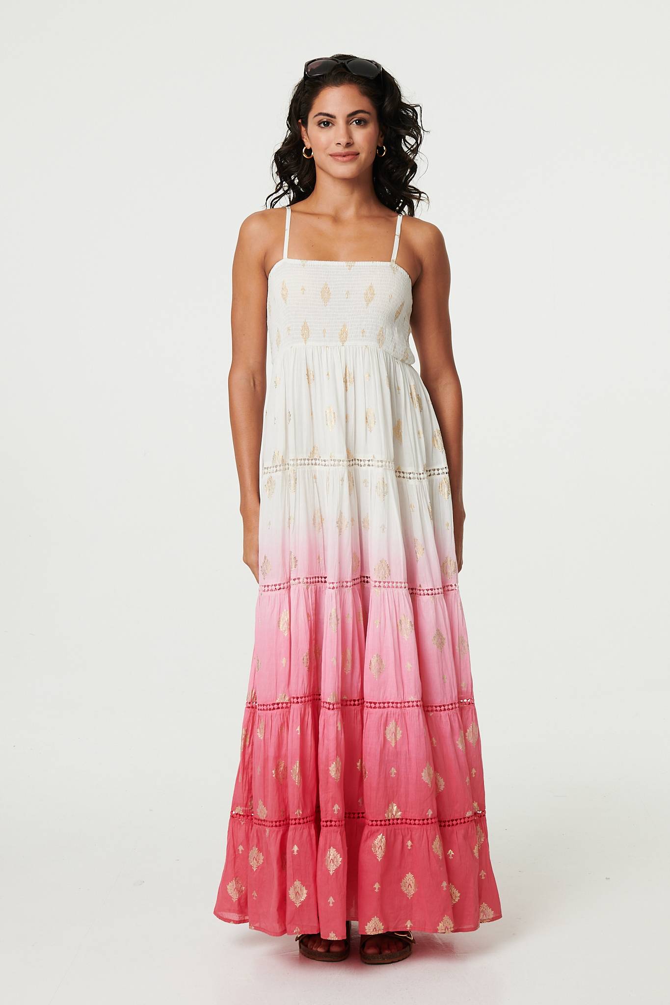 Ombre Print Tiered Sleeveless Maxi Dress Front View