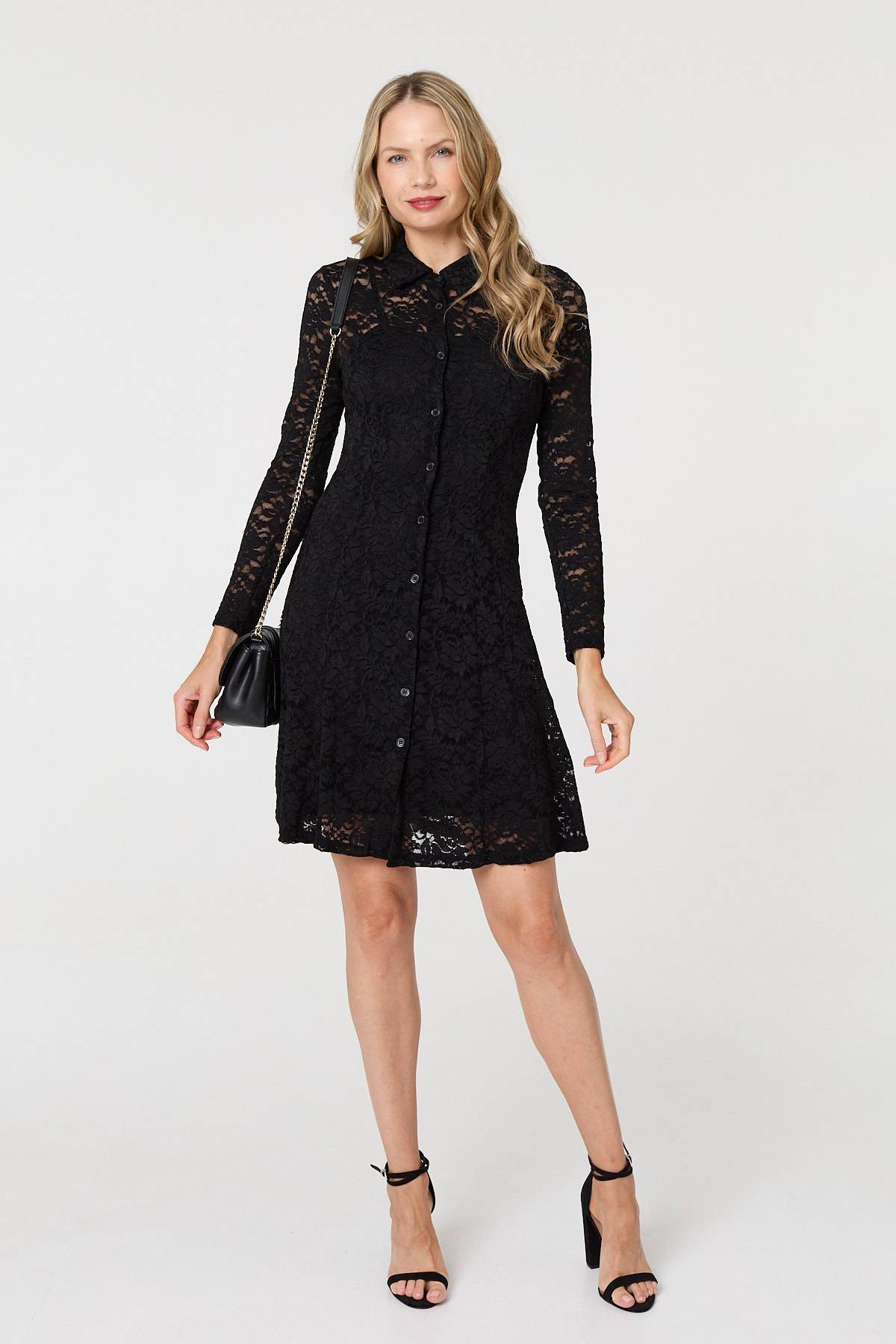 Lace Layer Long Sleeve Mini Shirt Dress Back View