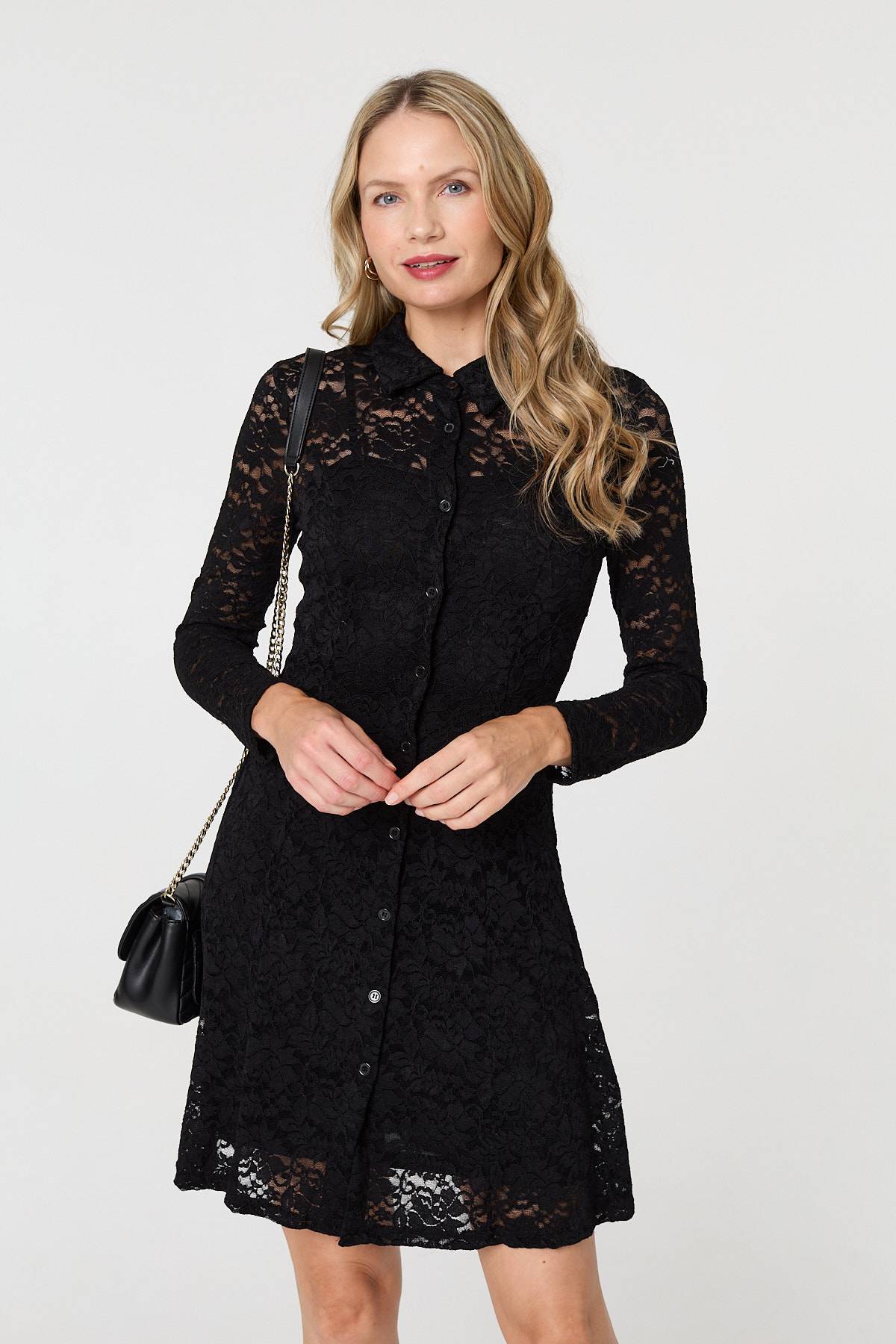 Lace Layer Long Sleeve Mini Shirt Dress Front View
