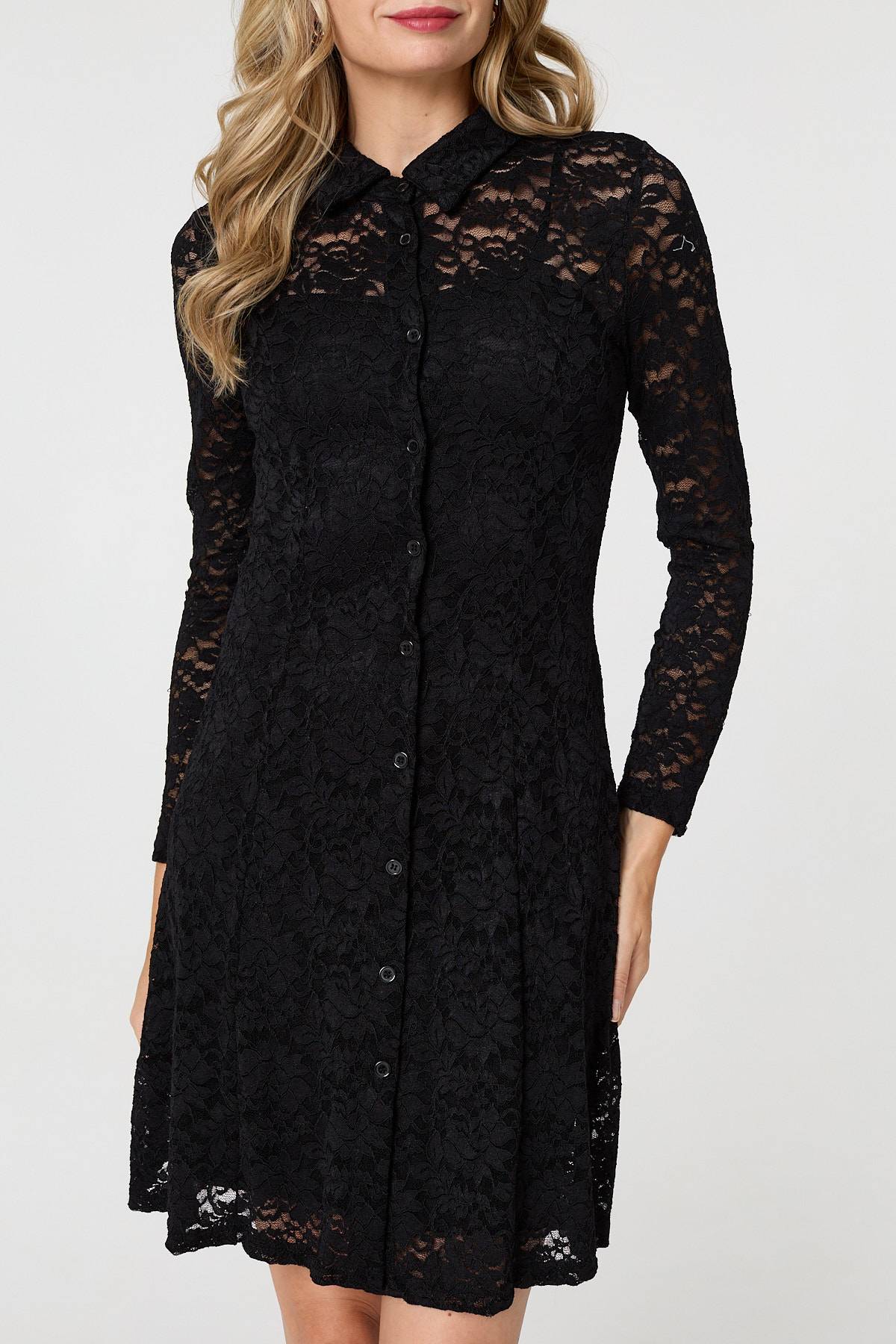 Lace Layer Long Sleeve Mini Shirt Dress Styled View