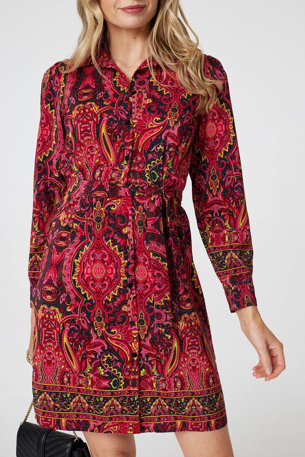 Mosaic Print Long Sleeve Short Shirt Dress Styled View