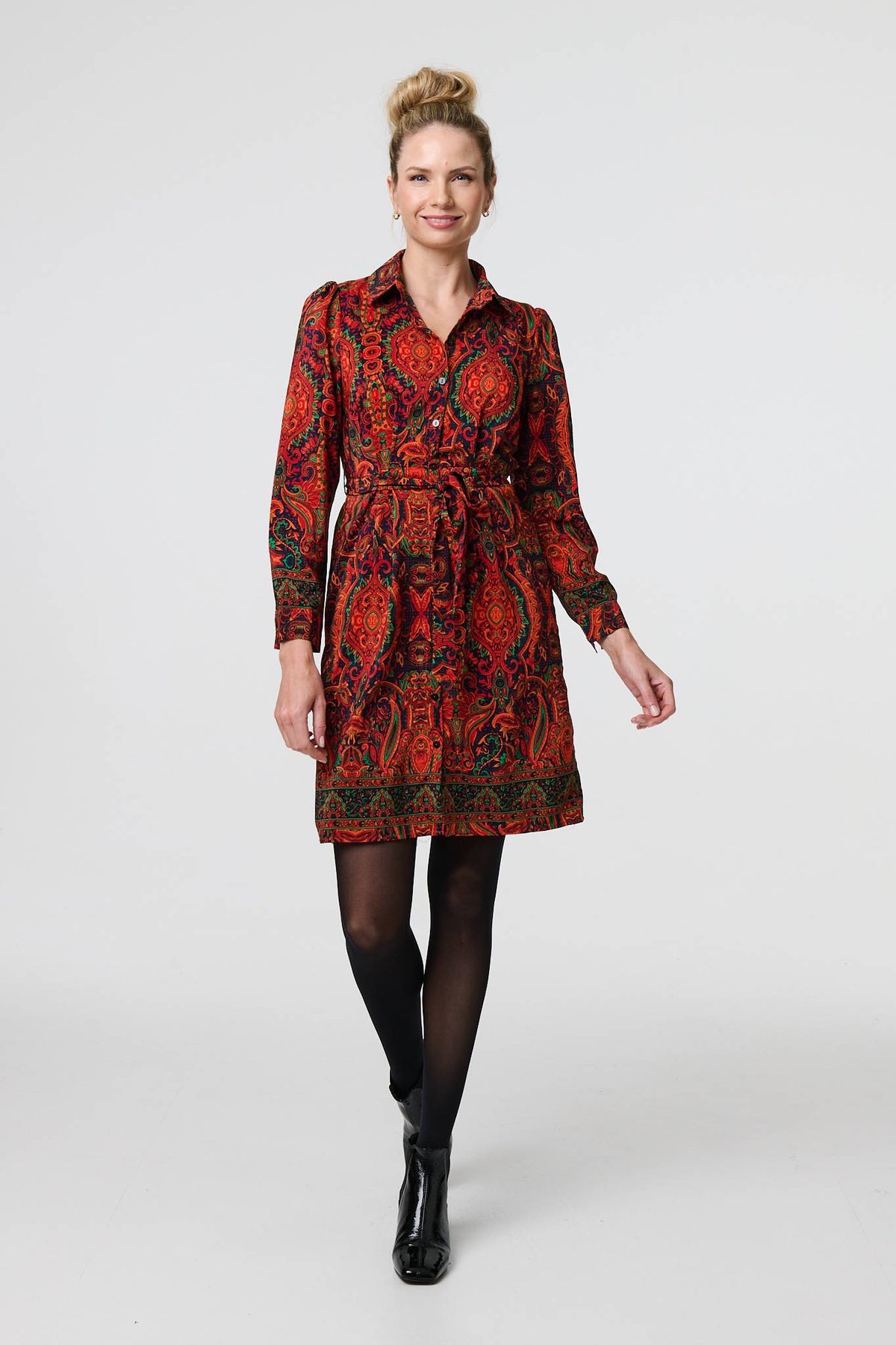 Mosaic Print Long Sleeve Short Shirt Dress Full Length View