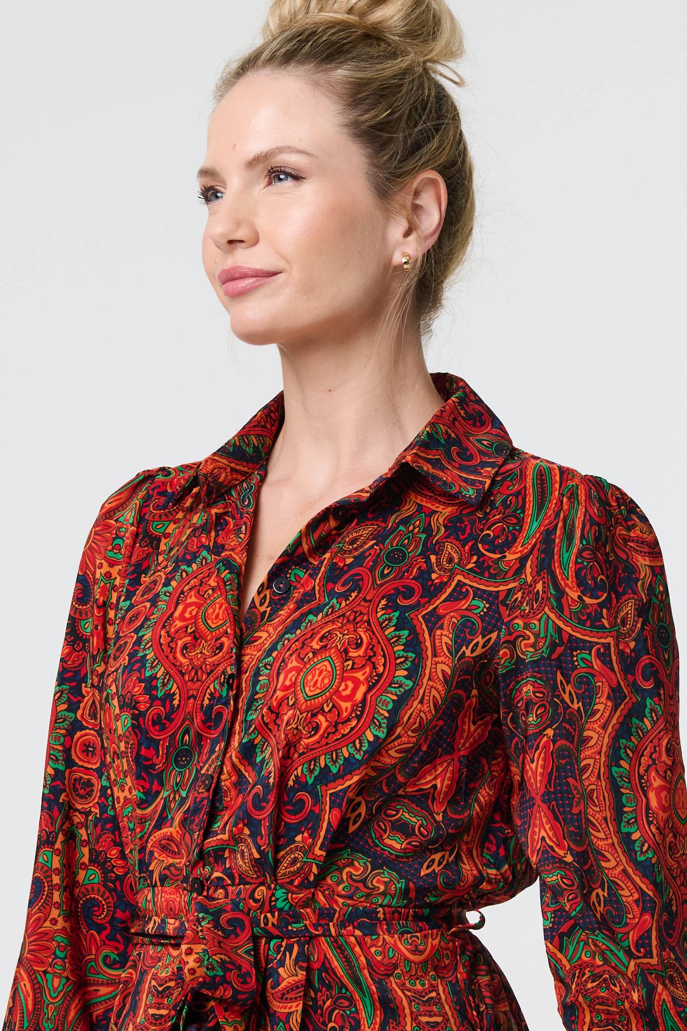 Mosaic Print Long Sleeve Short Shirt Dress Front View 2