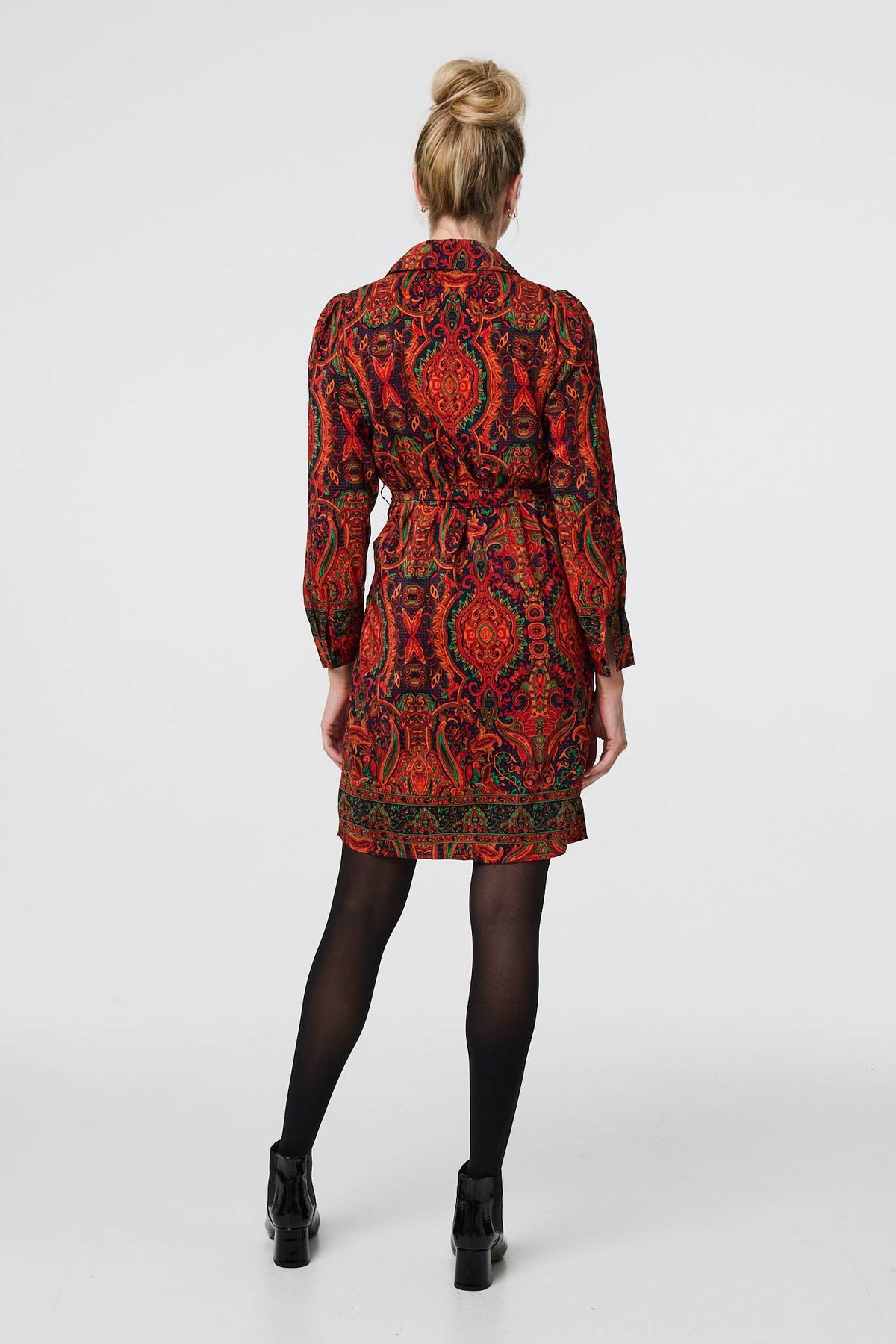 Mosaic Print Long Sleeve Short Shirt Dress Back View 2