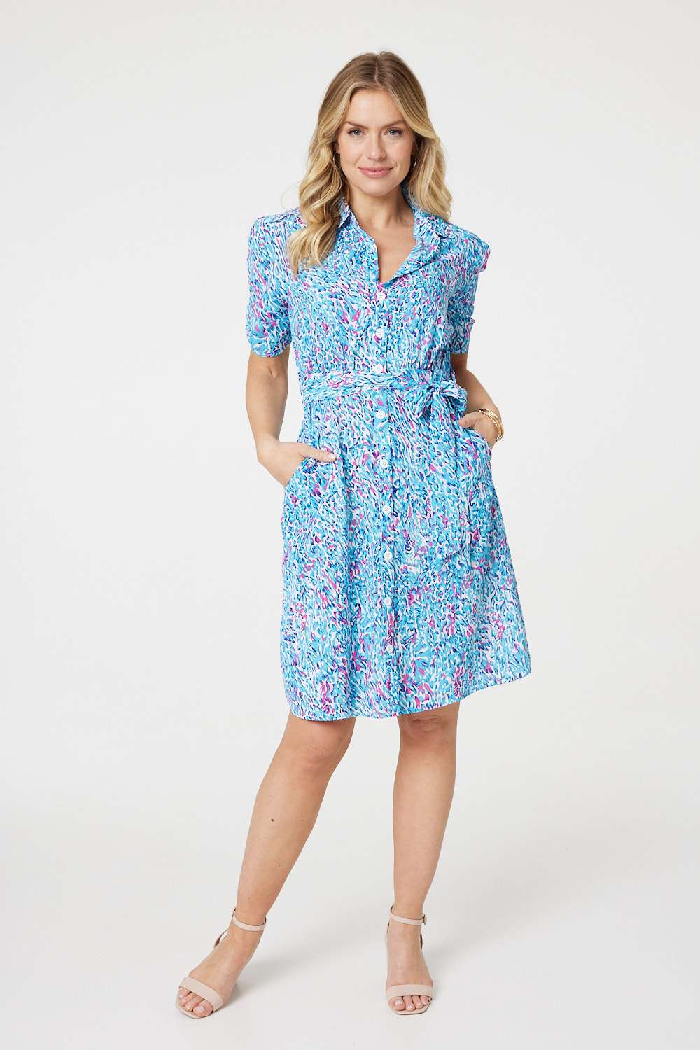 Printed Tie Waist Short Shirt Dress Front View