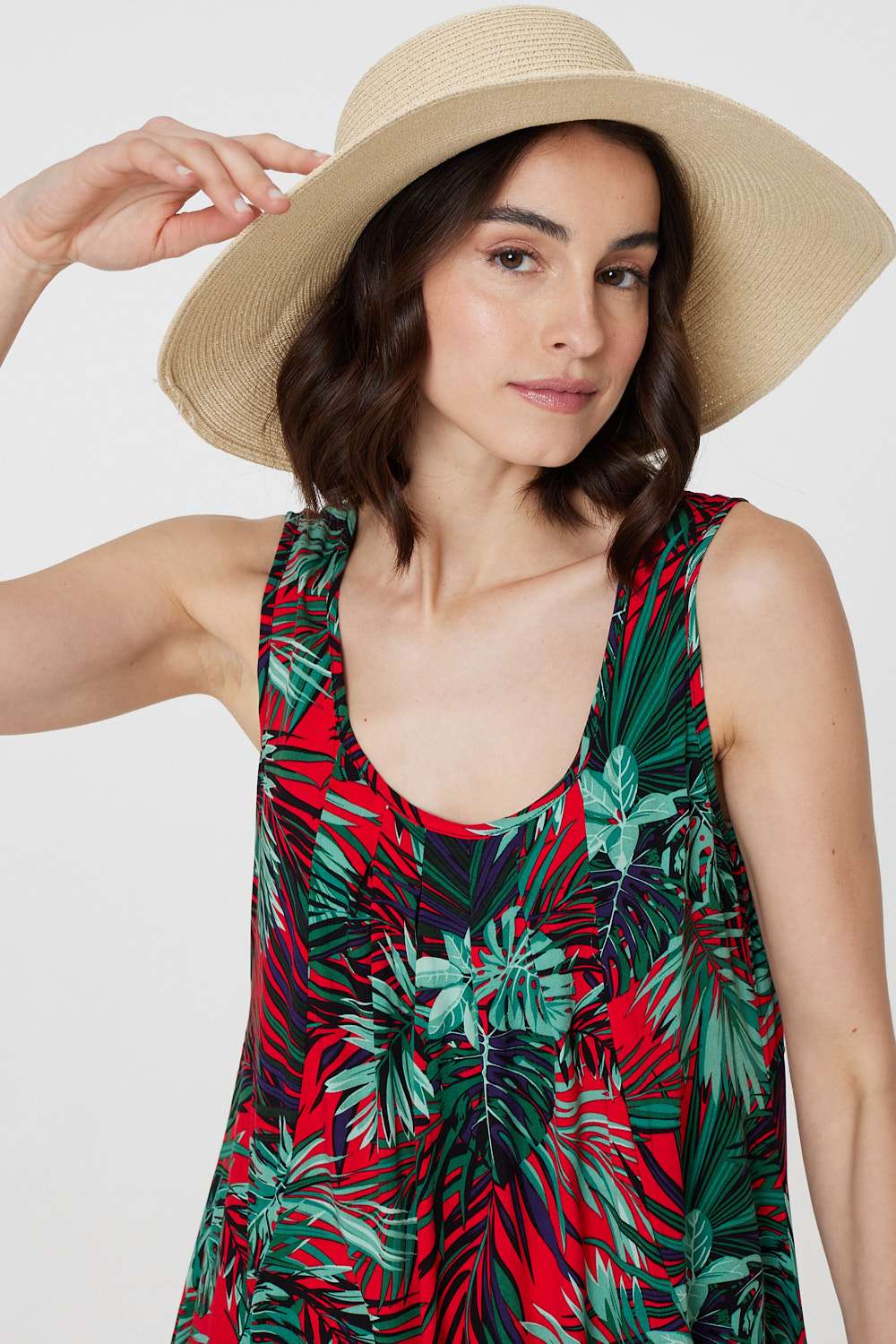Leaf Print Sleeveless Tunic Dress Full Length View