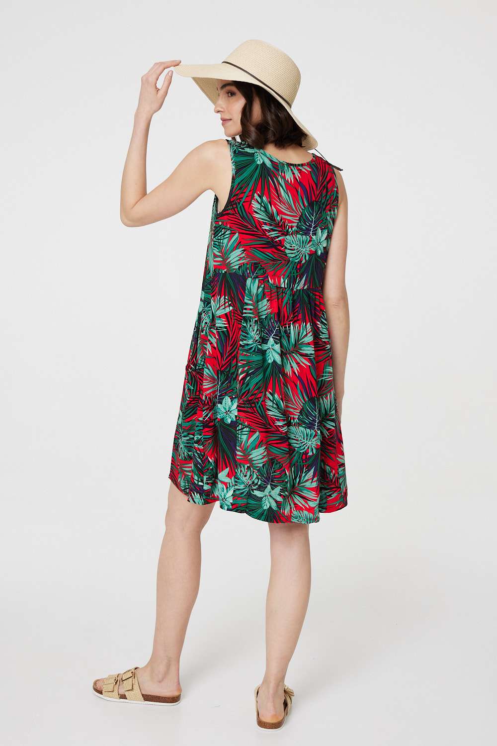 Leaf Print Sleeveless Tunic Dress Styled View