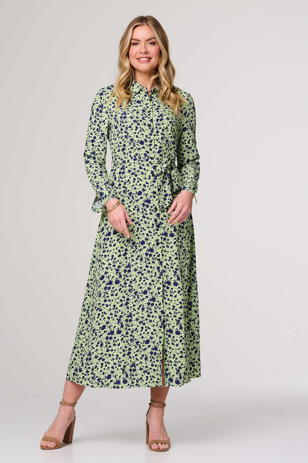 Printed Long Sleeve Midi Shirt Dress Full Length View