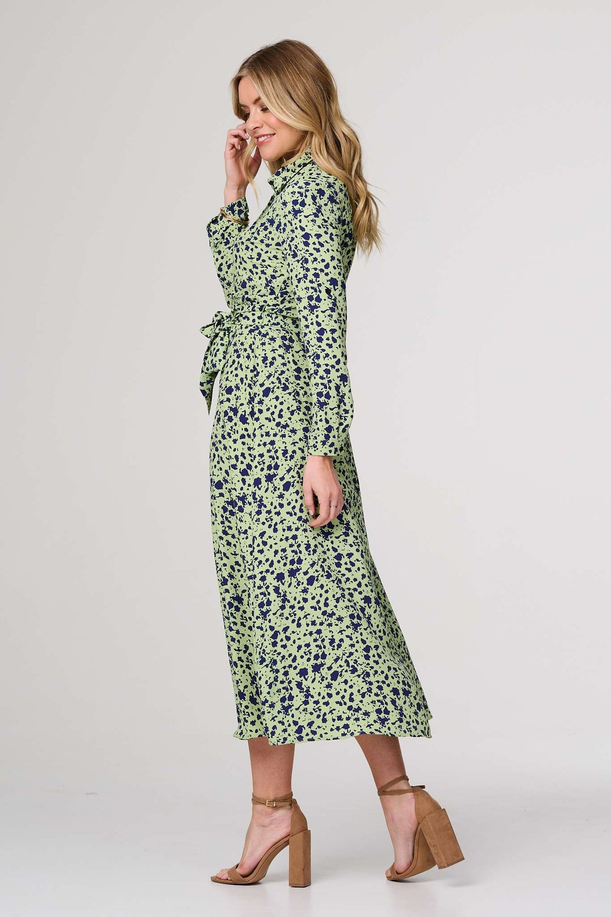 Printed Long Sleeve Midi Shirt Dress Side View 2