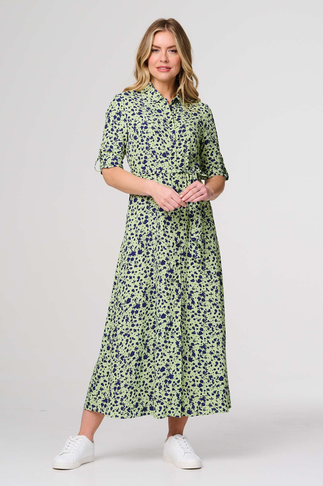 Printed Long Sleeve Midi Shirt Dress Front View 2
