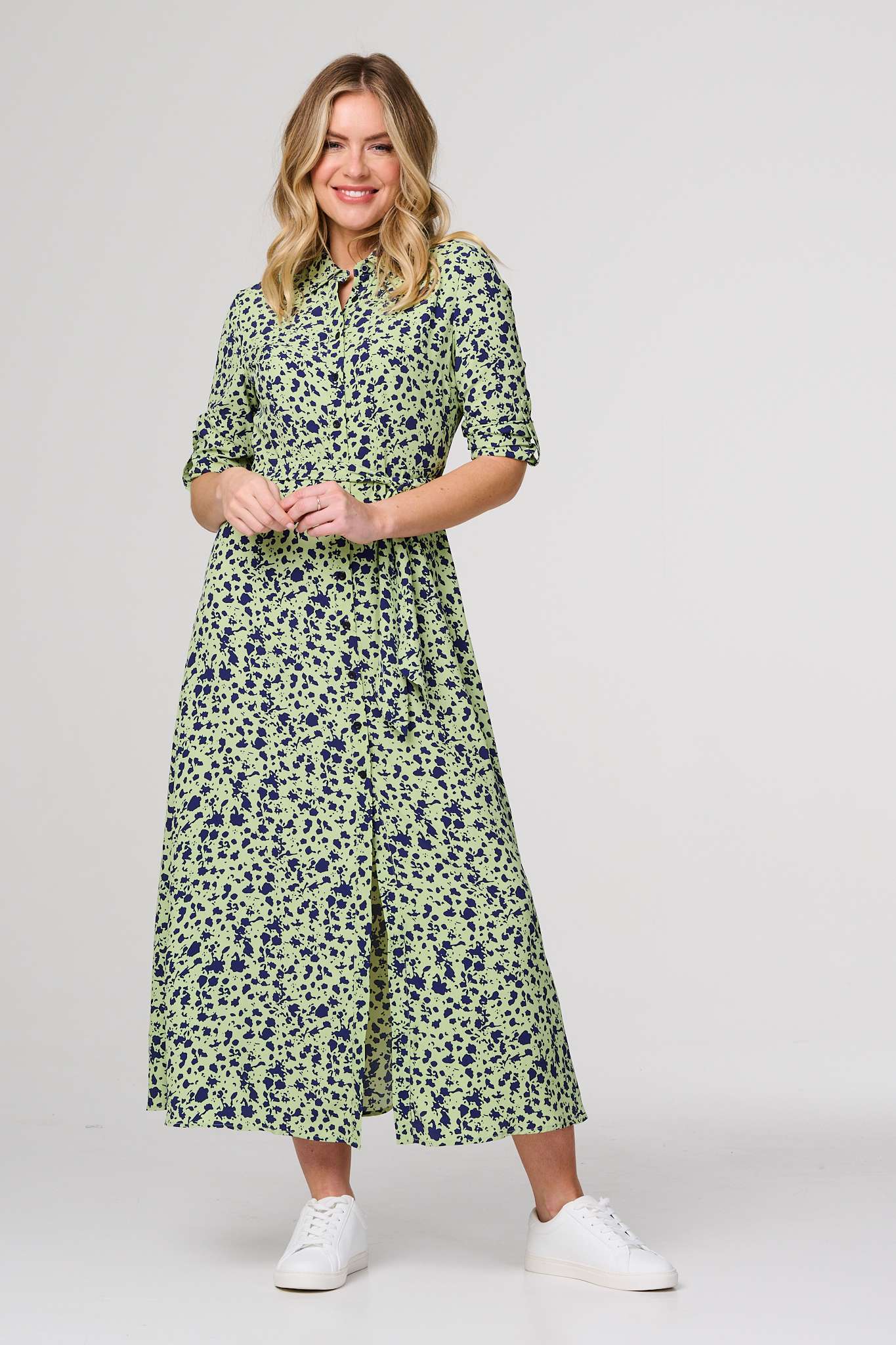 Printed Long Sleeve Midi Shirt Dress Front View