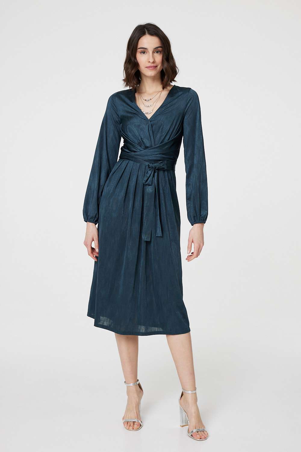 Ruched Long Sleeve Midi Wrap Dress Front View
