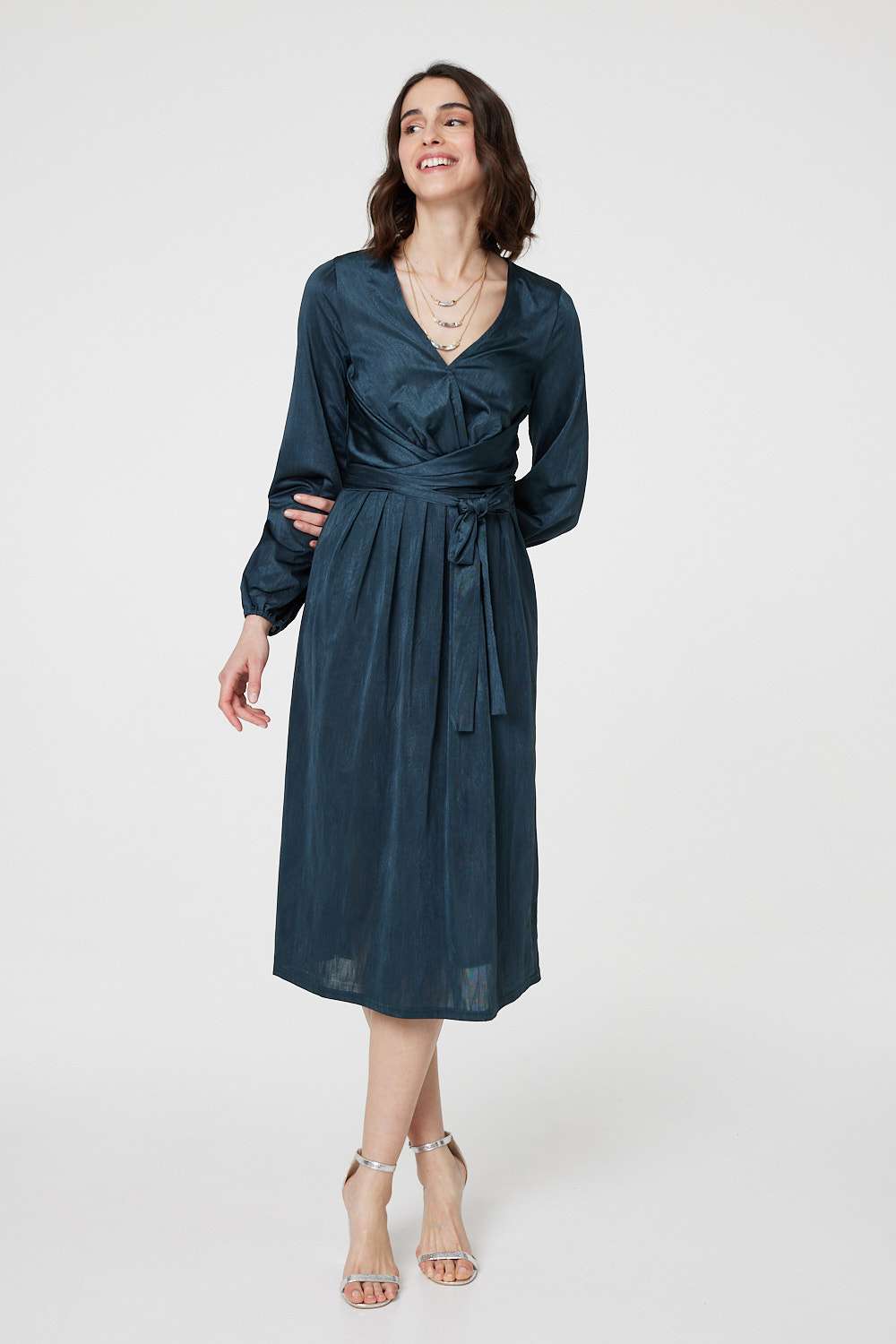 Ruched Long Sleeve Midi Wrap Dress Detail View