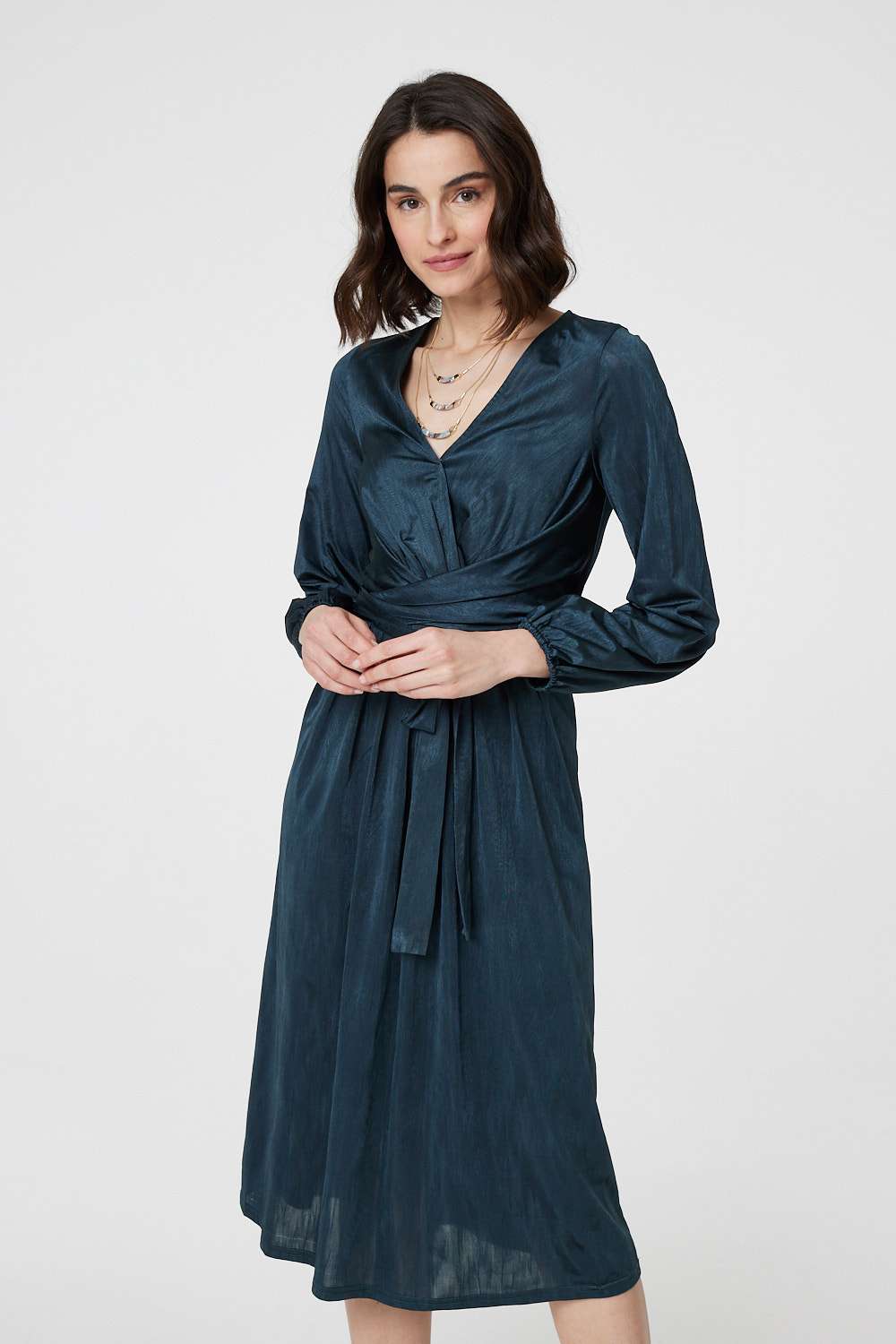 Ruched Long Sleeve Midi Wrap Dress Styled View