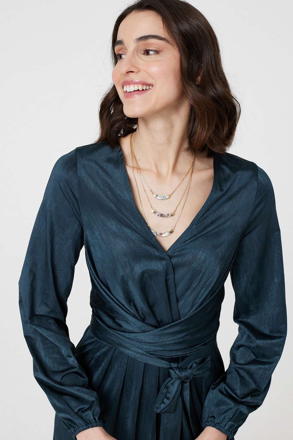 Ruched Long Sleeve Midi Wrap Dress Back View