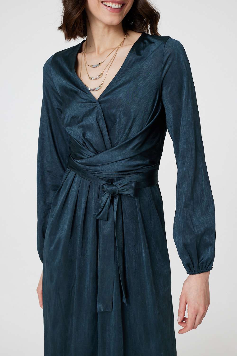 Ruched Long Sleeve Midi Wrap Dress Full Length View