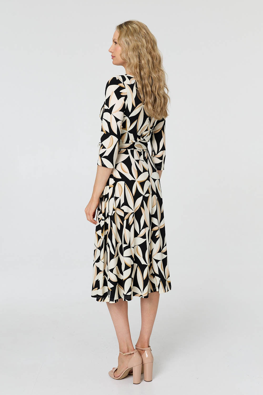Leaf Print 3/4 Sleeve Midi Tie Dress Side View