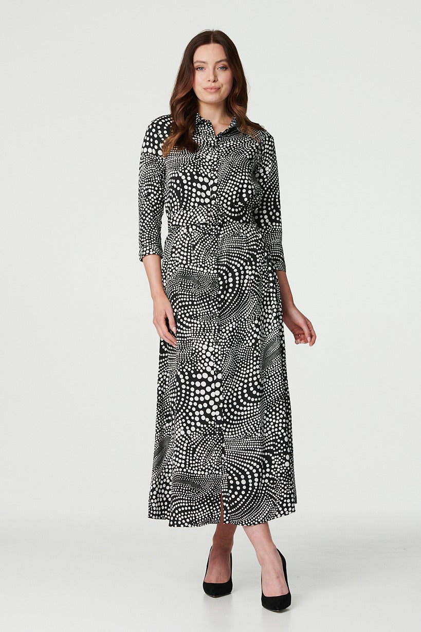 Dotty Print 3/4 Sleeve Shirt Dress Front View