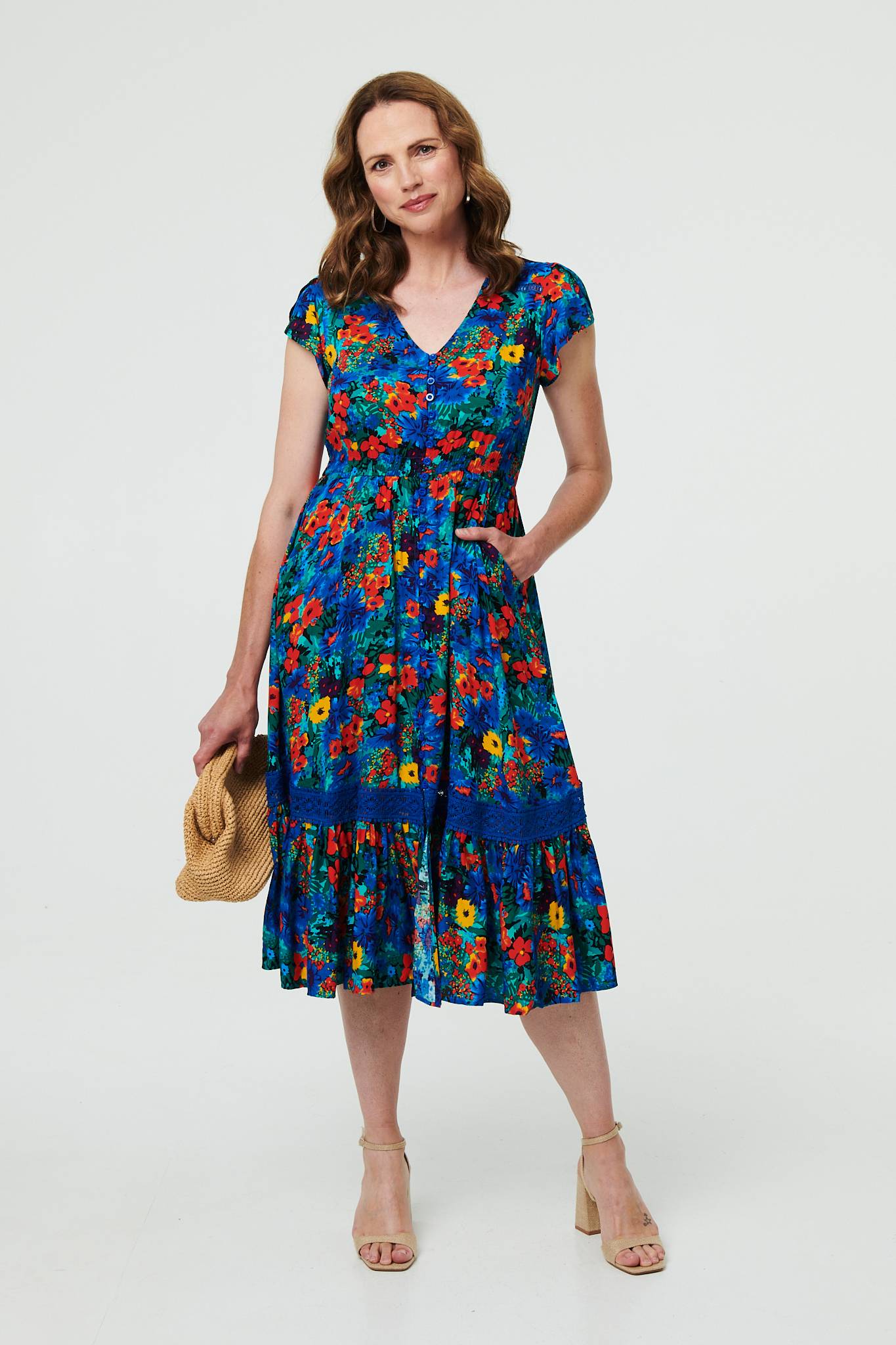 Floral Lace Trim Cap Sleeve Midi Dress Front View