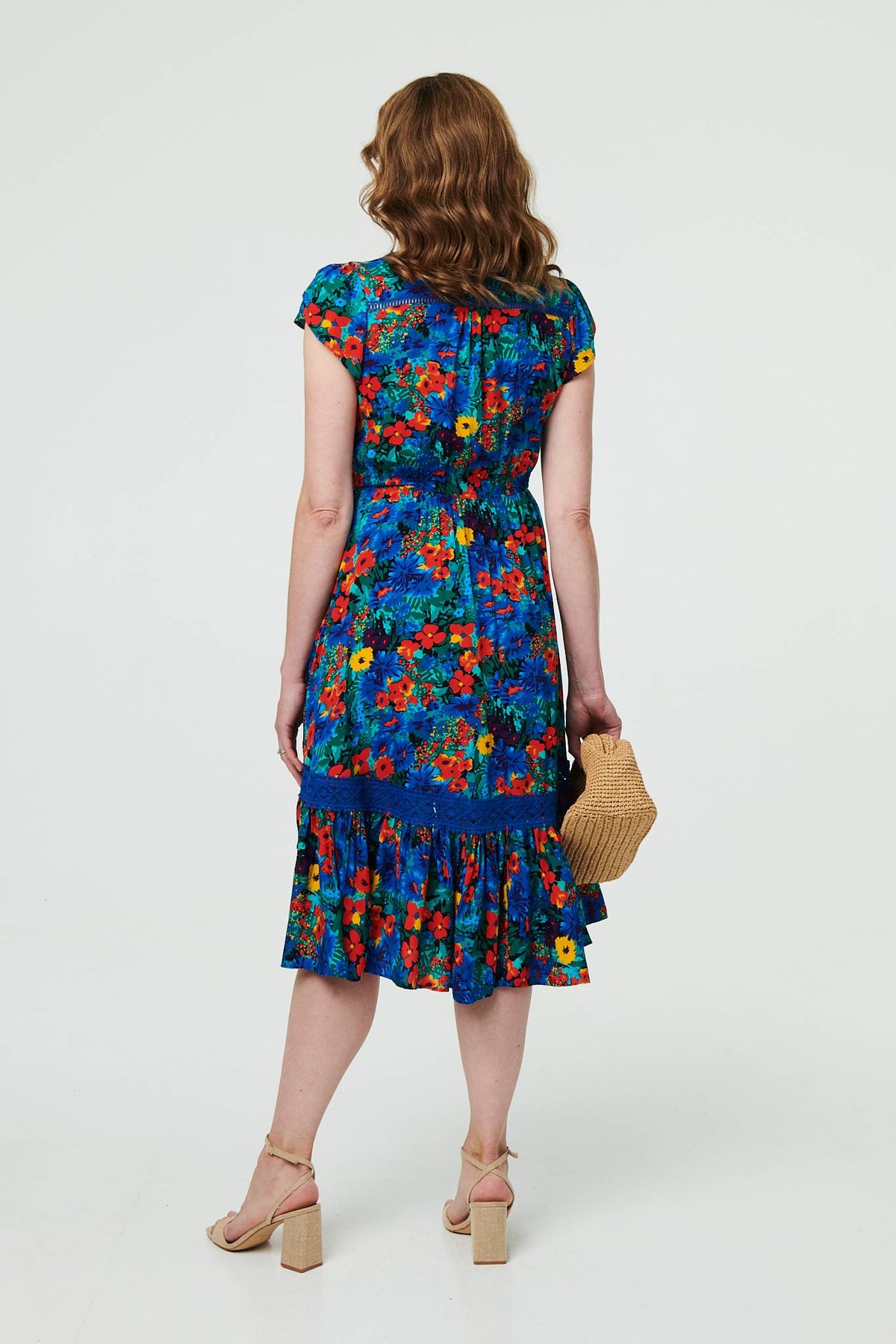 Floral Lace Trim Cap Sleeve Midi Dress Side View