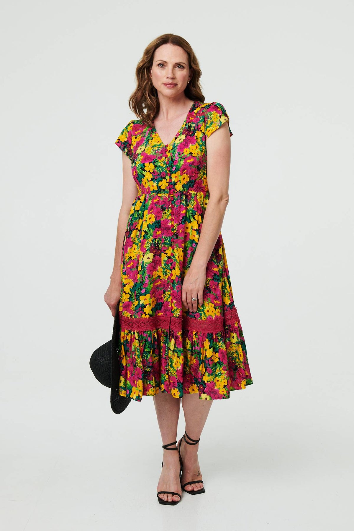 Floral Lace Trim Cap Sleeve Midi Dress Front View 2