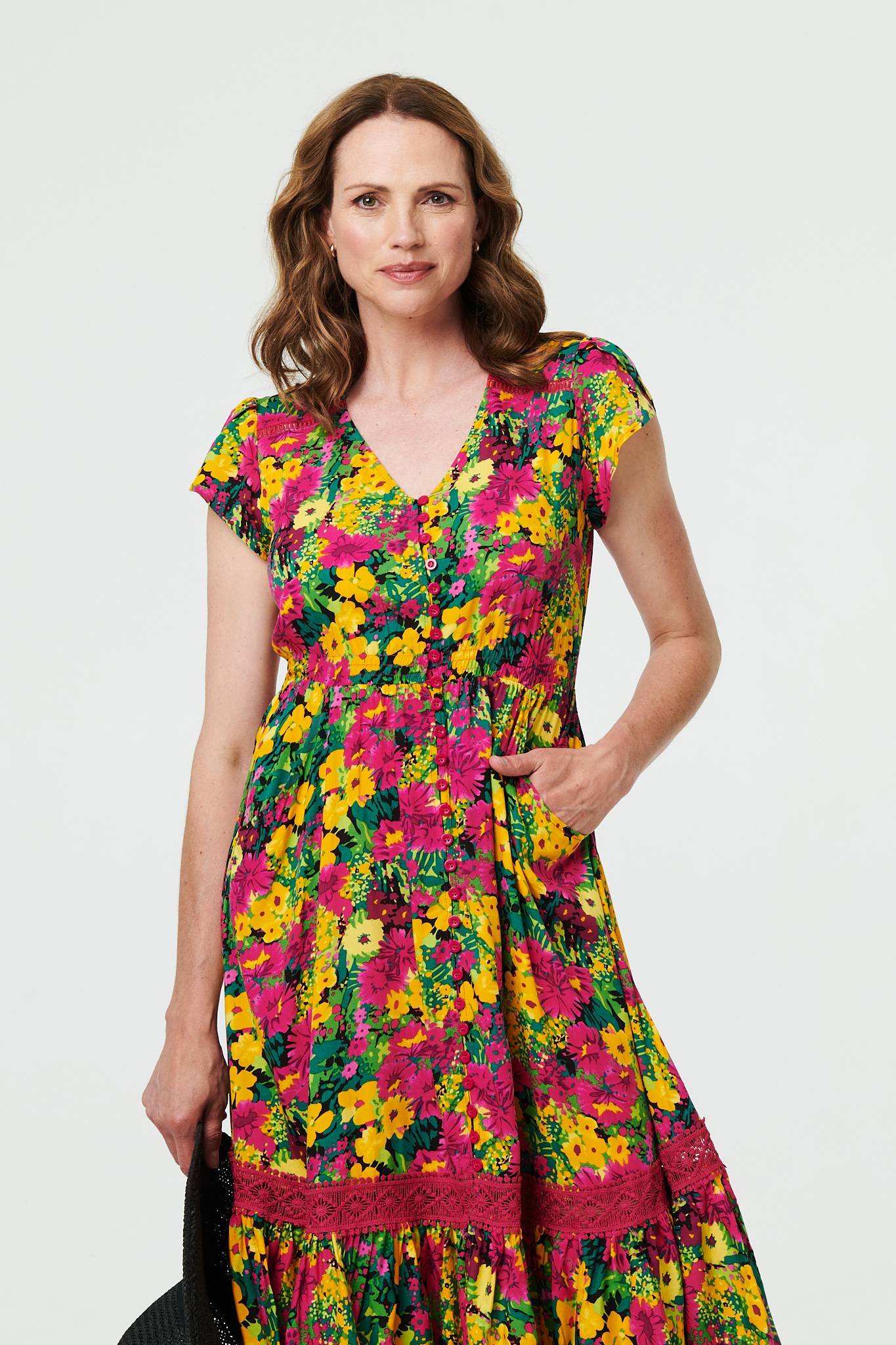 Floral Lace Trim Cap Sleeve Midi Dress Styled View 2