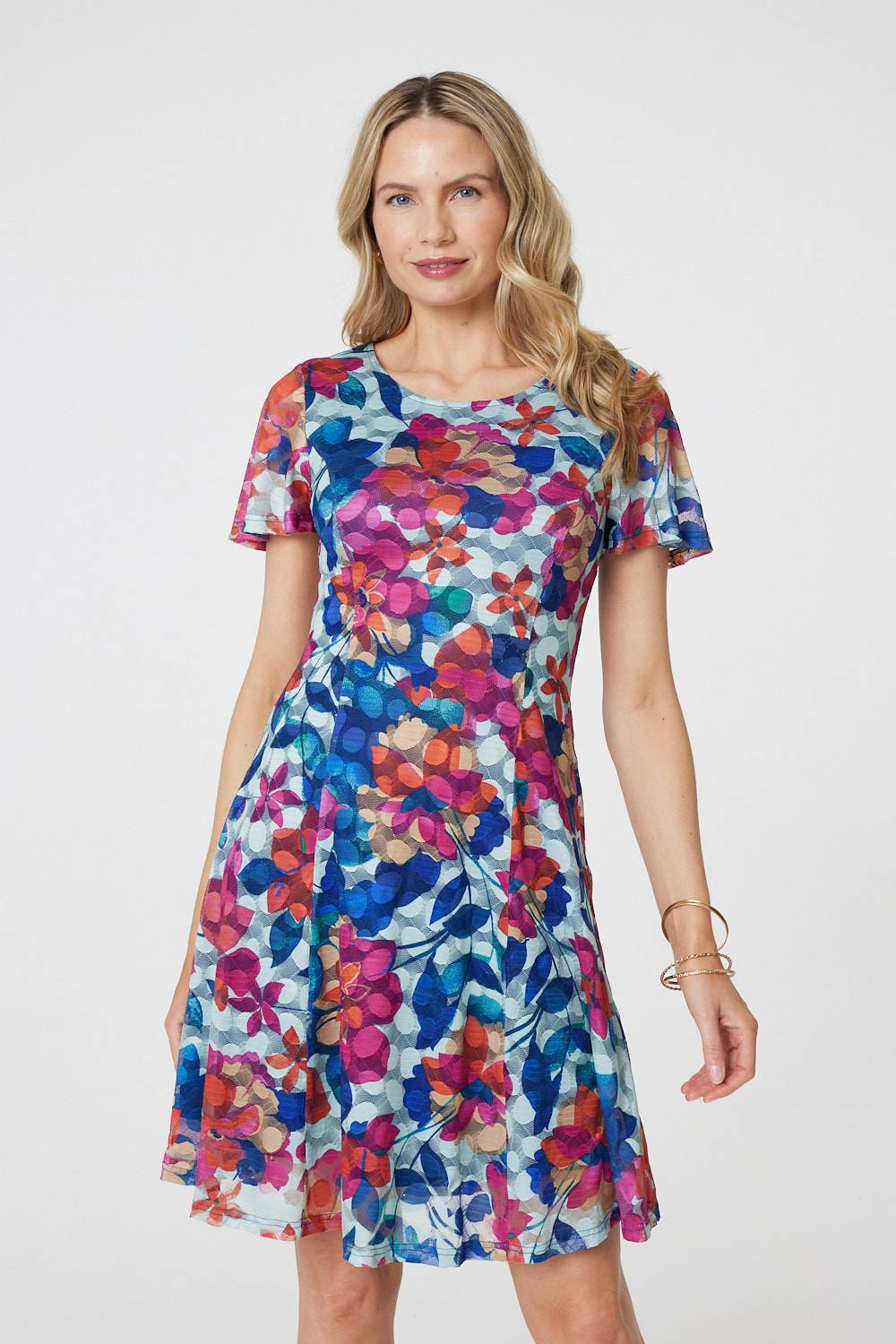 Floral Layered Angel Sleeve Short Dress Front View