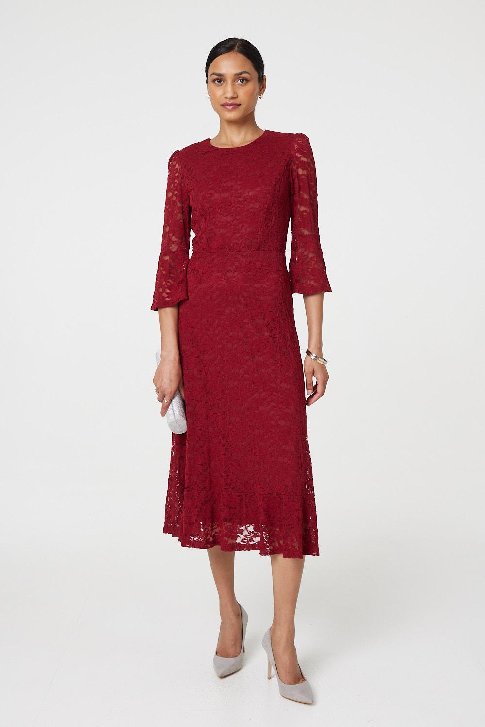 Lace Semi Sheer 3/4 Flute Sleeve Midi Dress Back View