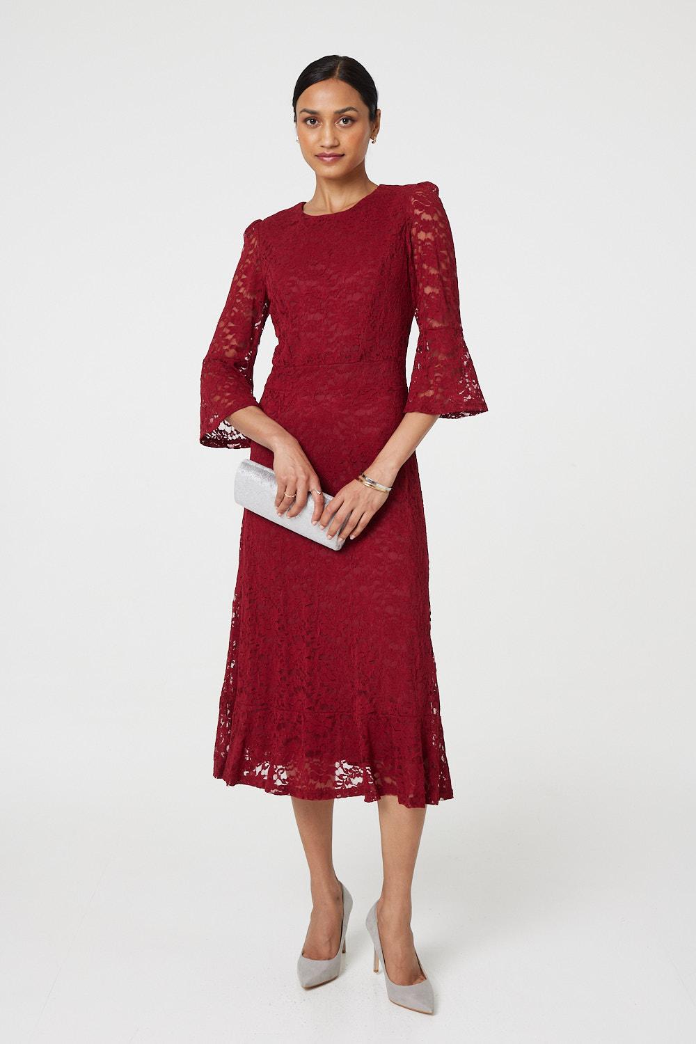 Lace Semi Sheer 3/4 Flute Sleeve Midi Dress Styled View