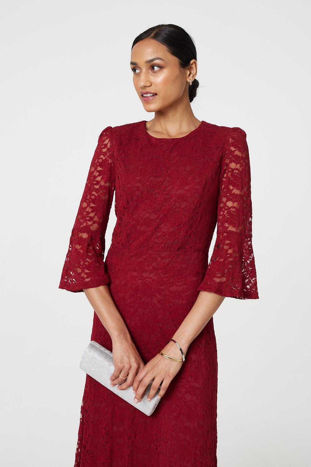Lace Semi Sheer 3/4 Flute Sleeve Midi Dress Back View 2