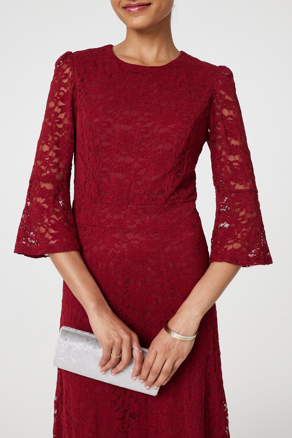 Lace Semi Sheer 3/4 Flute Sleeve Midi Dress Detail View