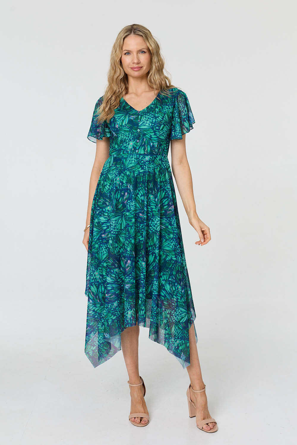 Printed Semi Sheer Hanky Hem Midi Dress Front View