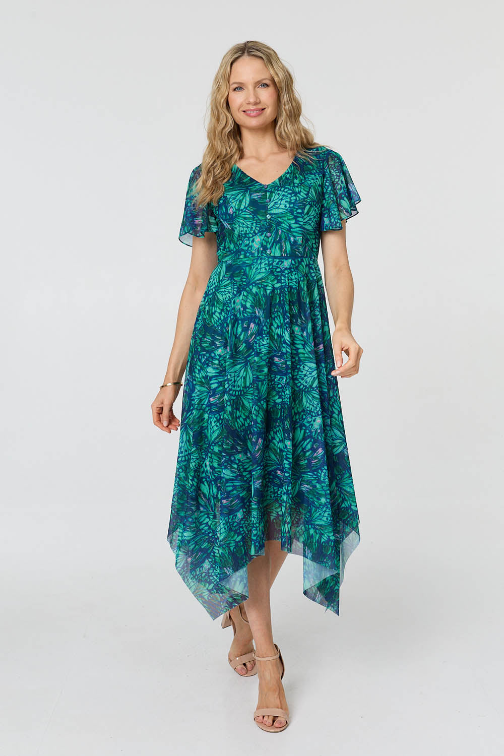 Printed Semi Sheer Hanky Hem Midi Dress Detail View