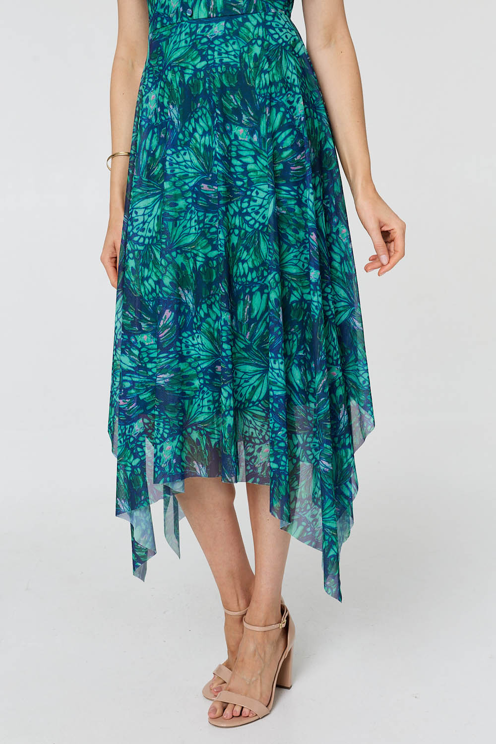 Printed Semi Sheer Hanky Hem Midi Dress Full Length View