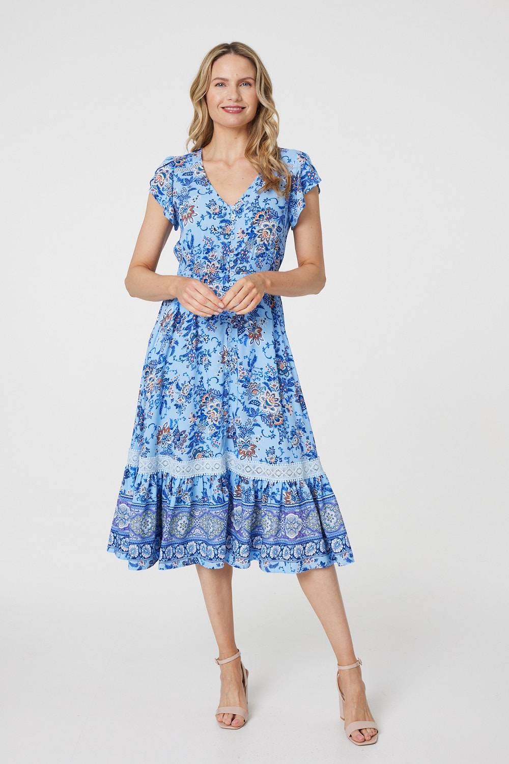 Floral Cap Sleeve Lace Trim Midi Dress Back View 2