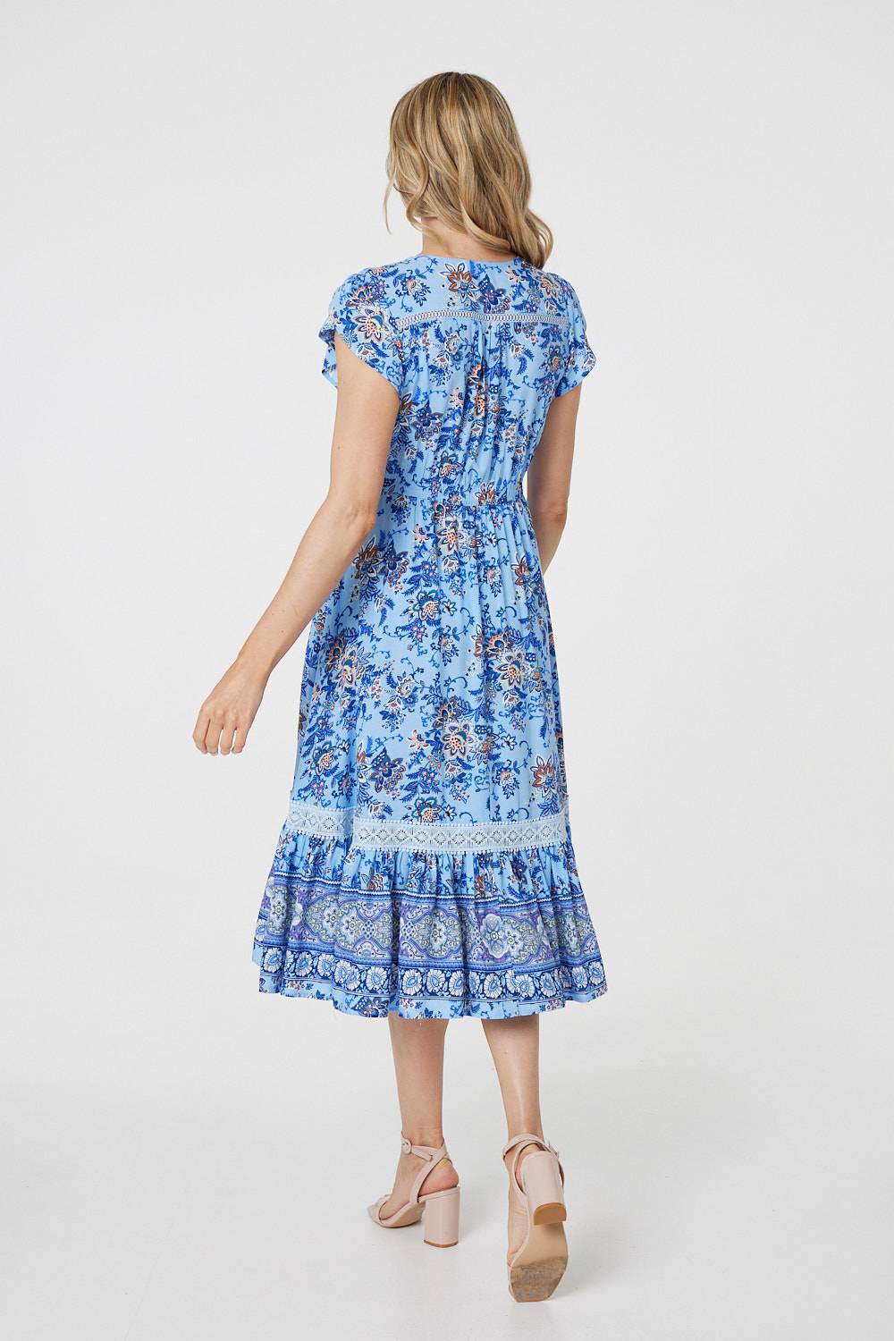 Floral Cap Sleeve Lace Trim Midi Dress Side View