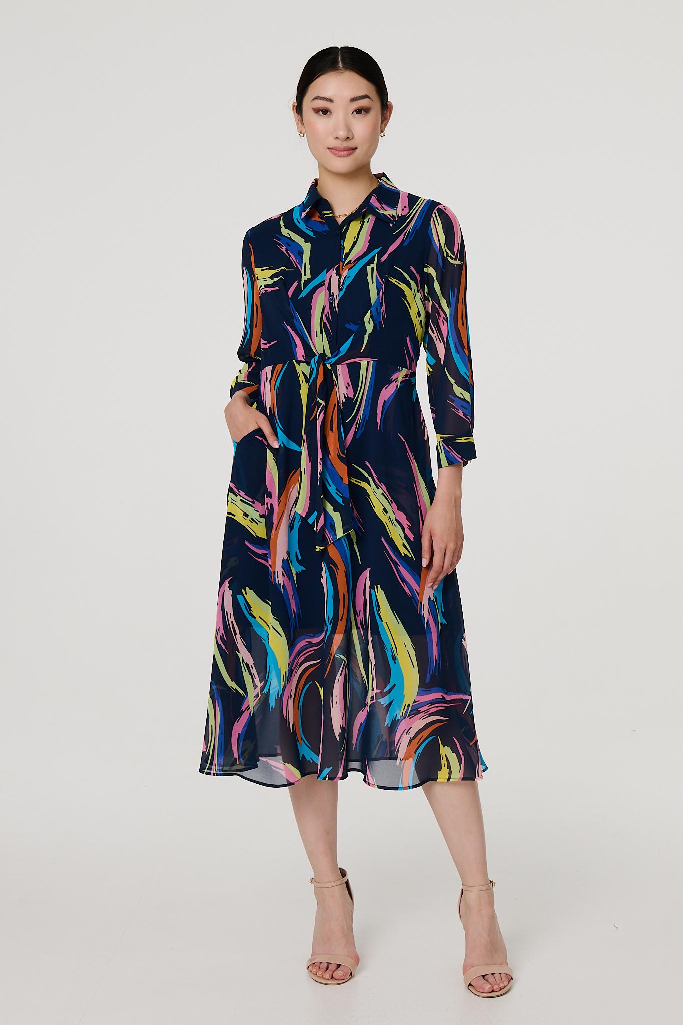 Abstract Tie Front Midi Shirt Dress Front View
