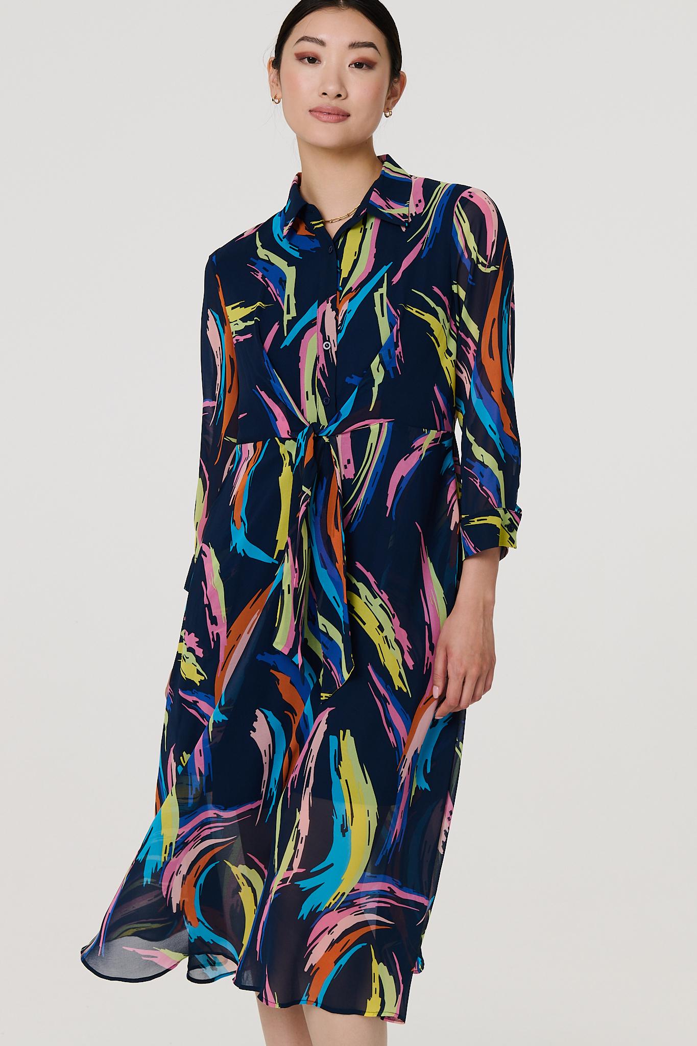 Abstract Tie Front Midi Shirt Dress Detail View