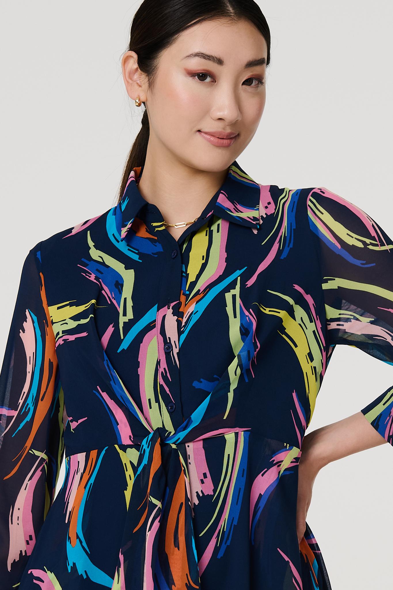 Abstract Tie Front Midi Shirt Dress Back View