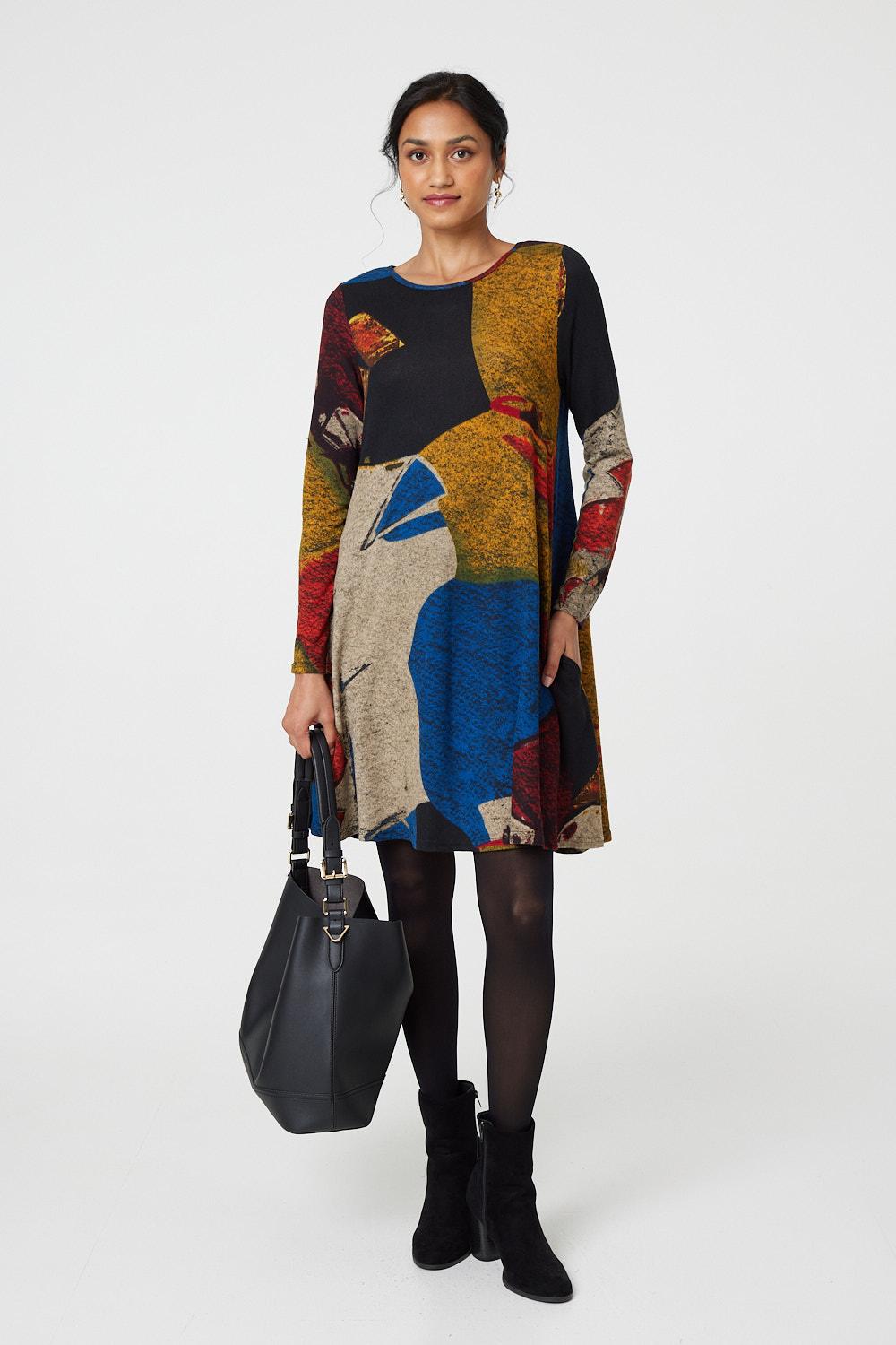 Abstract Print Long Sleeve Short Swing Dress Styled View