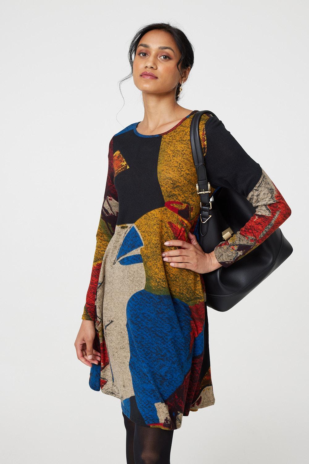 Abstract Print Long Sleeve Short Swing Dress Front View