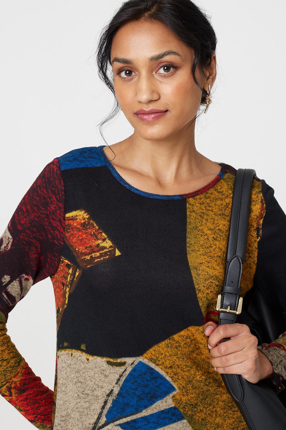 Abstract Print Long Sleeve Short Swing Dress Full Length View