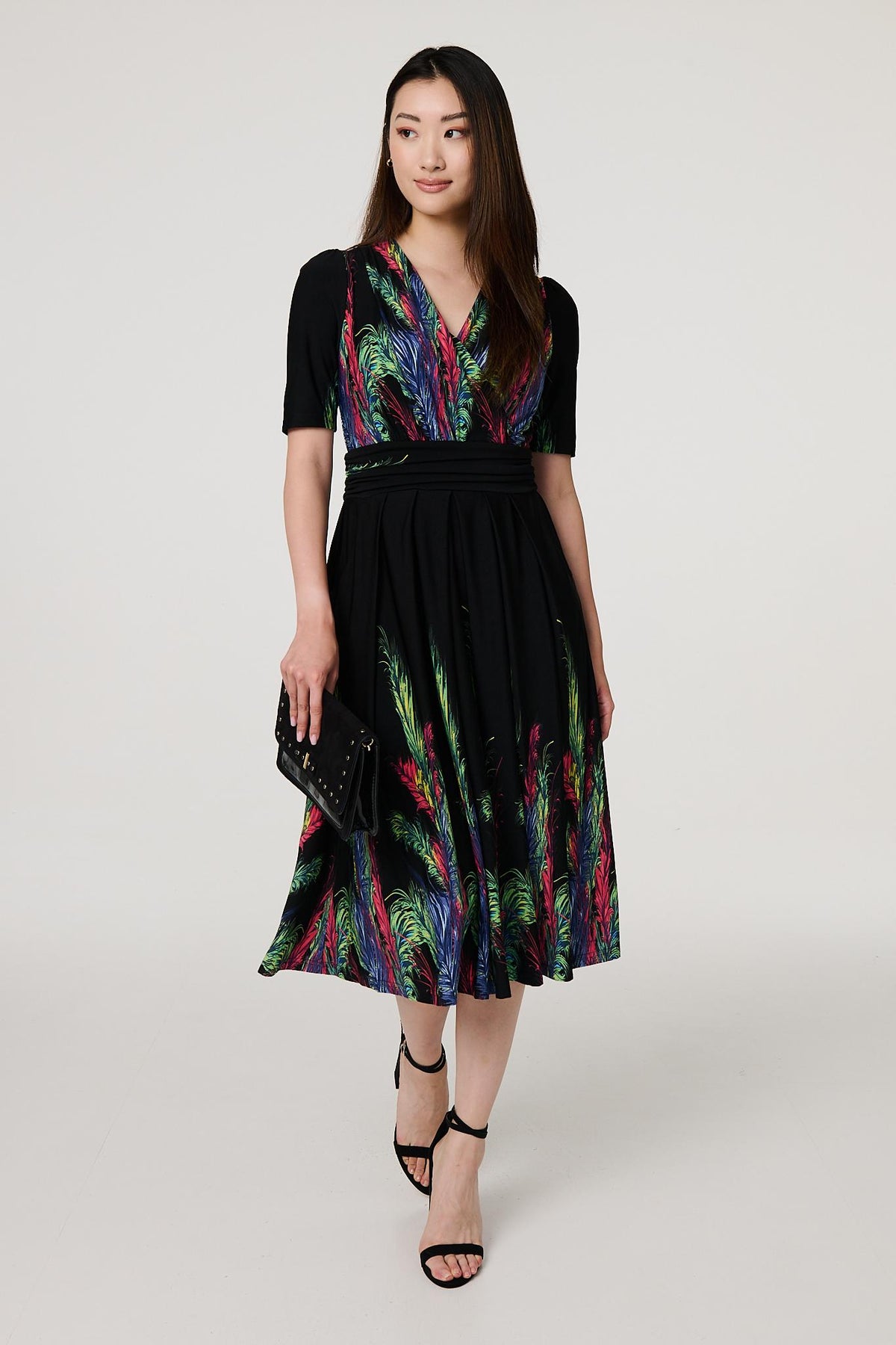 Feather Print Faux Wrap Front Midi Dress Front View 2