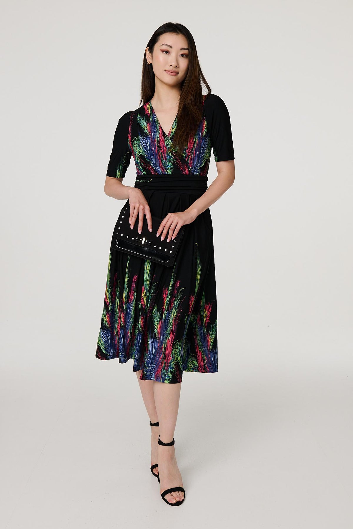 Feather Print Faux Wrap Front Midi Dress Full Length View