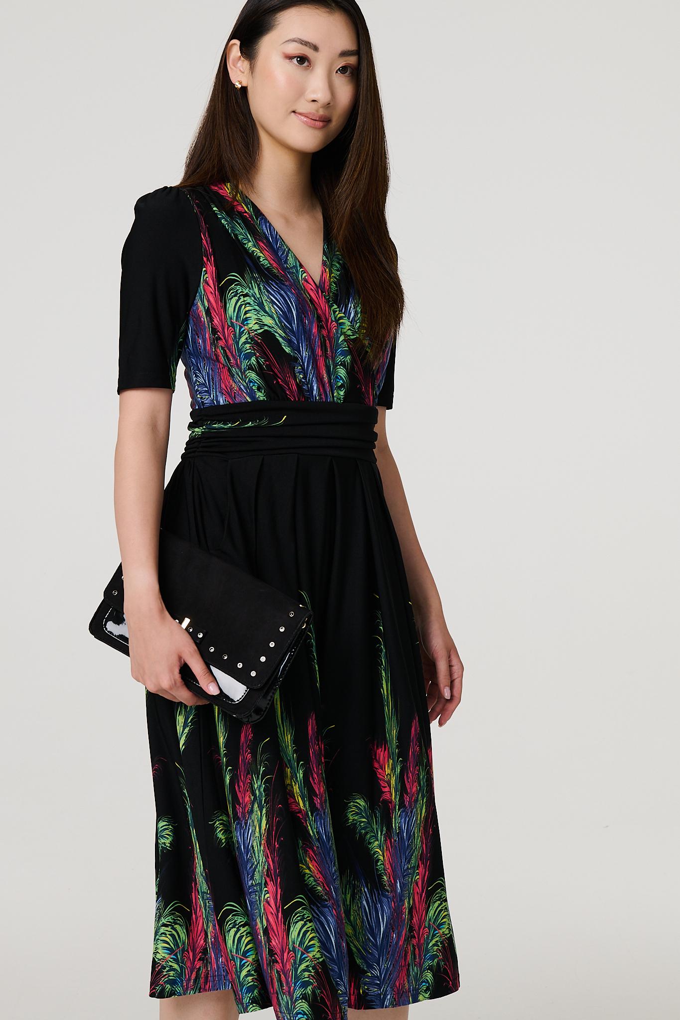 Feather Print Faux Wrap Front Midi Dress Side View