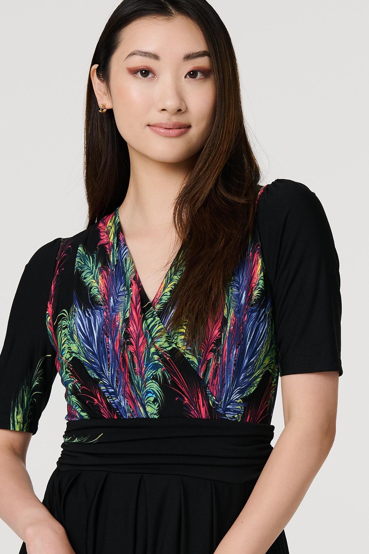 Feather Print Faux Wrap Front Midi Dress Detail View 2