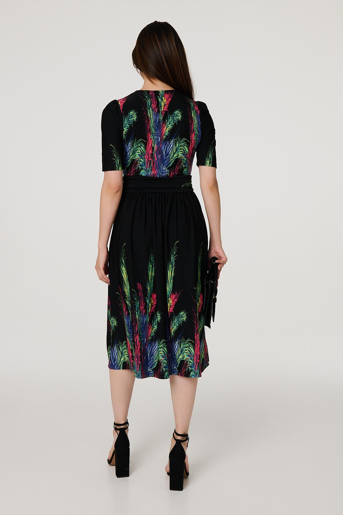 Feather Print Faux Wrap Front Midi Dress Detail View